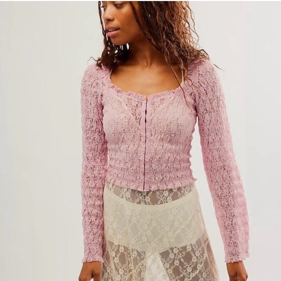 New Free People✨Madison Sheer Lace Top- Pink - Picture 1 of 5
